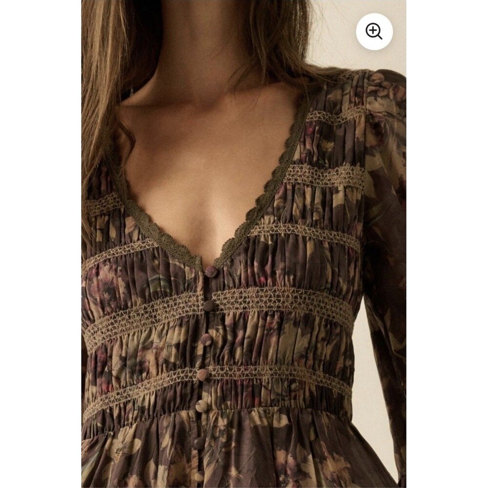 Promesa Small Brown Boho Blossoms Floral Bell-Sleeve Midi Dress Romantic Whimsy - Picture 5 of 12